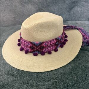 Stylish Straw Beige Hat with Pink and Purple Accents